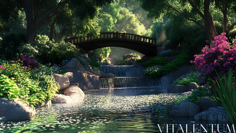 Digital garden bridge over tiered stream in dappled light.