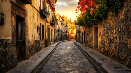 Golden-hour light spills along a quiet old stone street.
