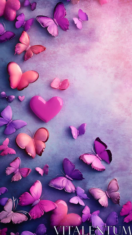 Vibrant pink butterflies and hearts over textured gradient sky.