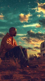 Solitary desert figure under star-dense cyan twilight sky