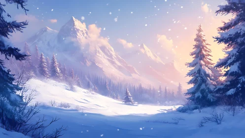 Snow covered conifer forest before distant alpine mountains.