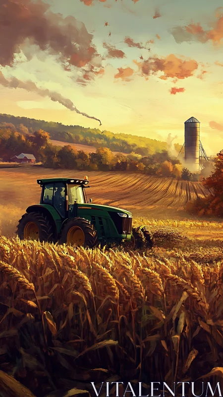 Green tractor plows golden wheat field at glowing sunset