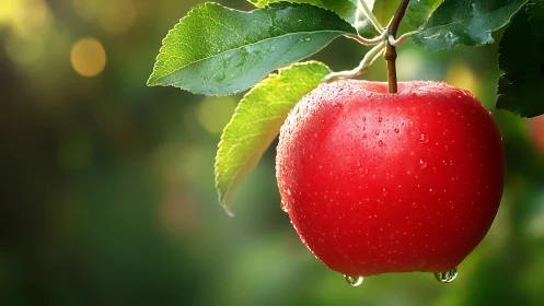 Sunlit dew-kissed apple pausing between orchard and bite.