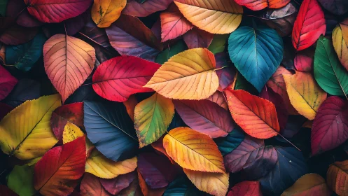 Multicolored autumn leaves arranged in a dense layered pattern.