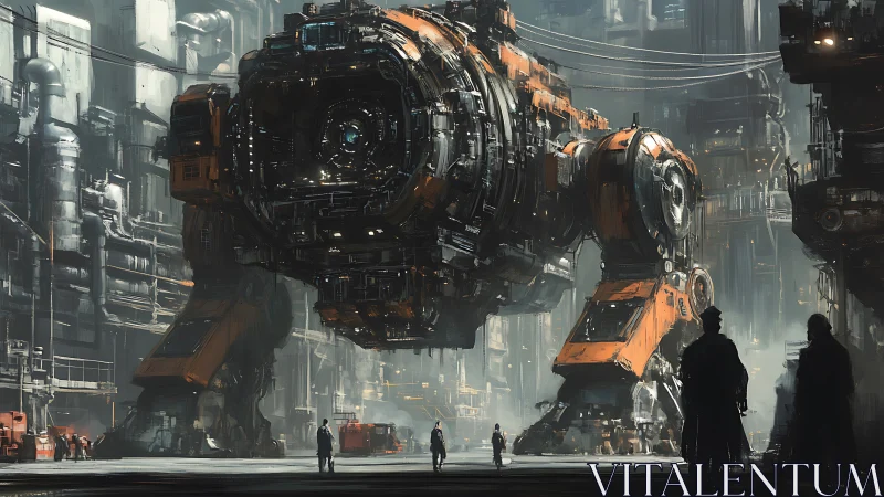 Industrial hangar scene with colossal orange mech under repair.