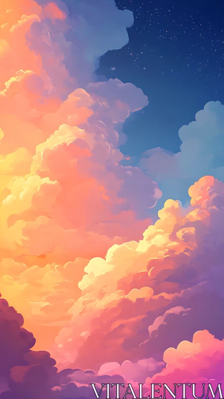 Dreamy dusk clouds glowing softly beneath starry skies.