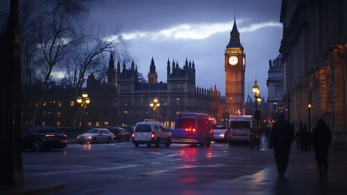 Evening traffic passes illuminated clock tower in London