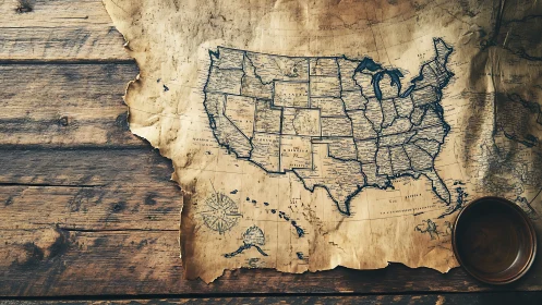 Antique style United States map on distressed parchment over wood