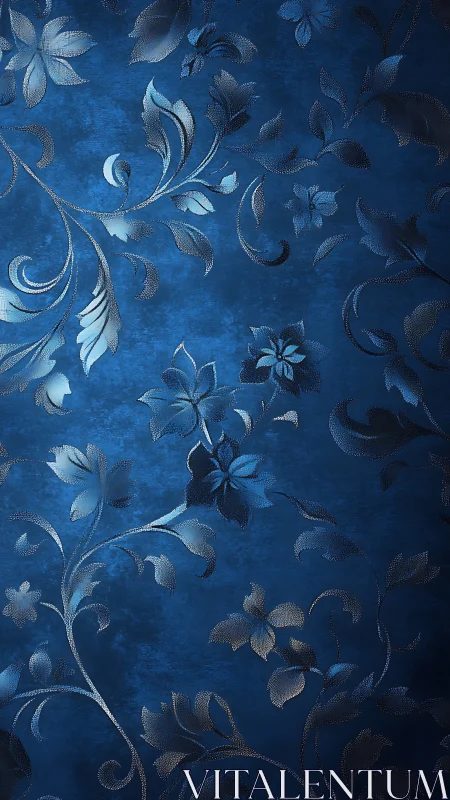 Embossed cobalt floral arabesque with metallic gradient detailing.