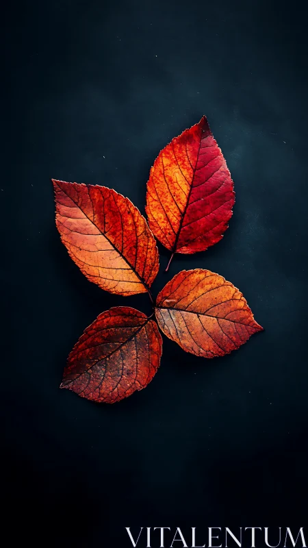 Four red autumn leaves arranged on a dark background.