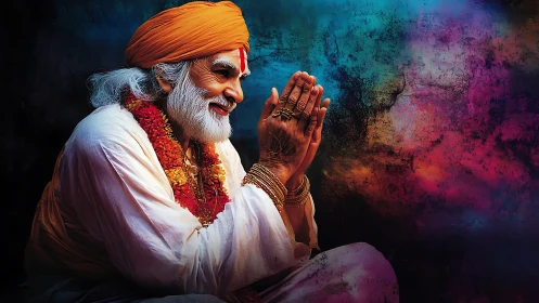 Elderly spiritual man in orange turban praying in profile