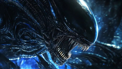 Alien biomechanical creature roars in glowing blue cavern.