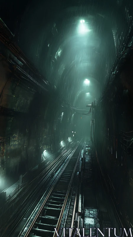 Underground rail tunnel interior with wet tracks at night.