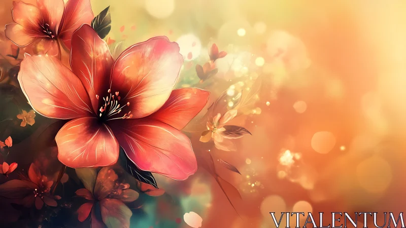 Soft coral blossoms glow gently in dreamy golden light