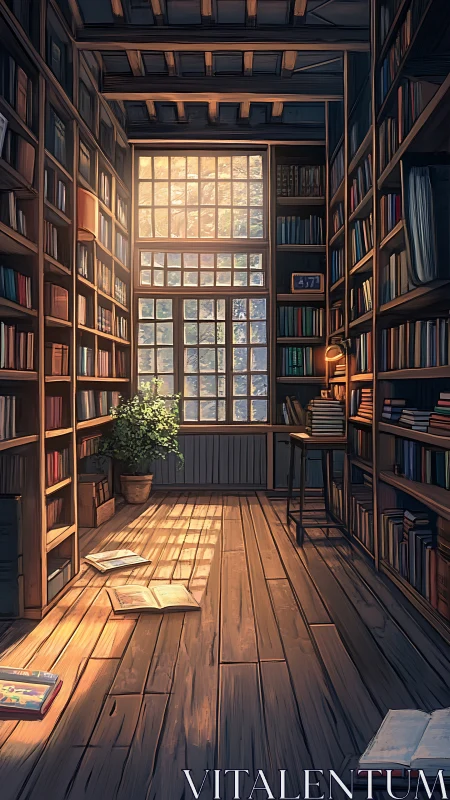 Sunlit wooden library corridor shows books and open volumes