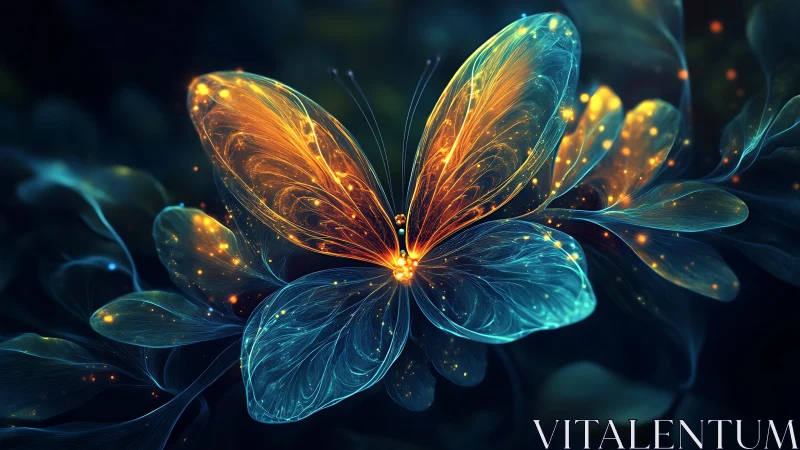 Bioluminescent butterfly rendered with glowing filament wings