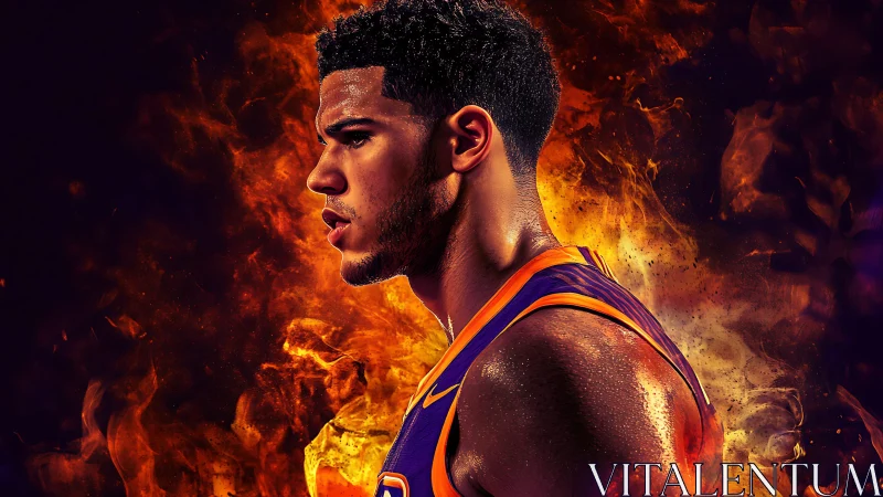 Basketball player profile rendered against intense fiery backdrop