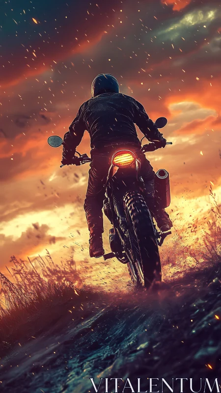 Motorcyclist rides through fiery sunset storm on wet road