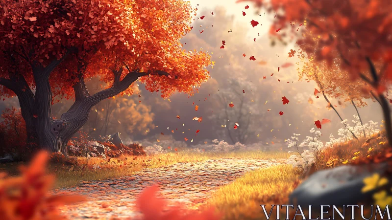 Digital painting of autumn path with dynamic falling foliage.