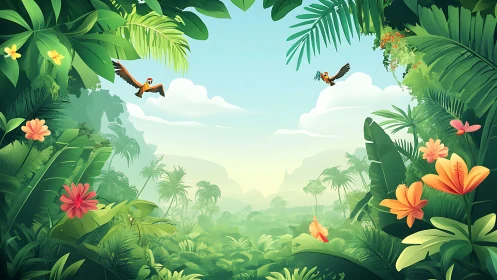 Vibrant parrots soar above a lush sunrise jungle valley