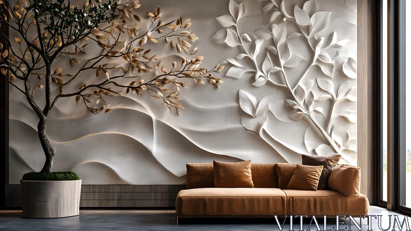 Wall relief with branching foliage behind linear sofa