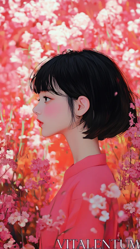 Anime profile portrait in saturated pink floral surround.