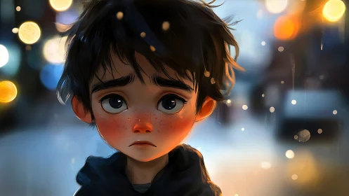 Melancholic boy portrait in bokeh-lit winter street scene.