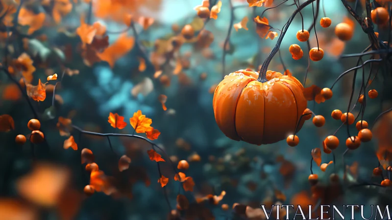 Glowing orange pumpkin suspended in dreamy autumn foliage.