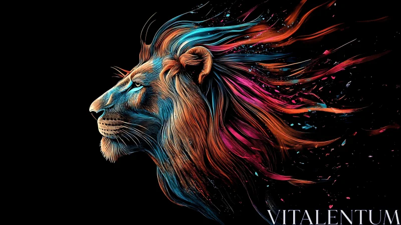 Lion profile with multicolor streaked mane on black background.
