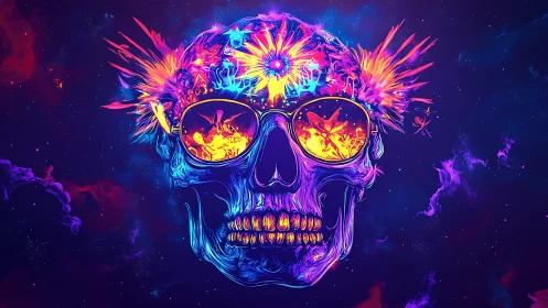 Neon-luminous skull portrait with explosive spectral chroma design.