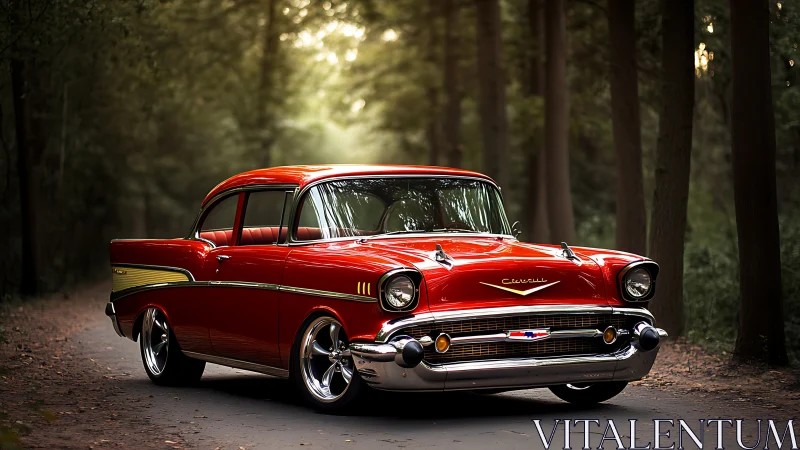 Classic red Chevy glowing softly in a peaceful forest lane.