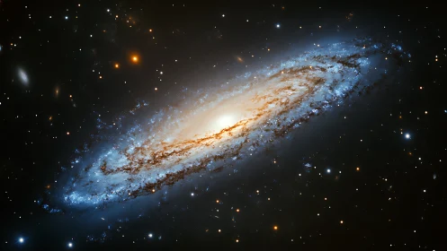 Edge-on barred spiral galaxy with luminous core and blue arms