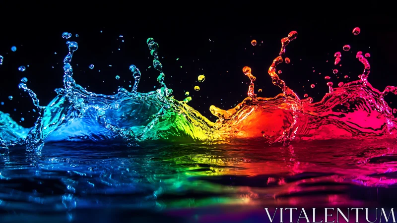 Vivid multicolored water splashes against dark background.