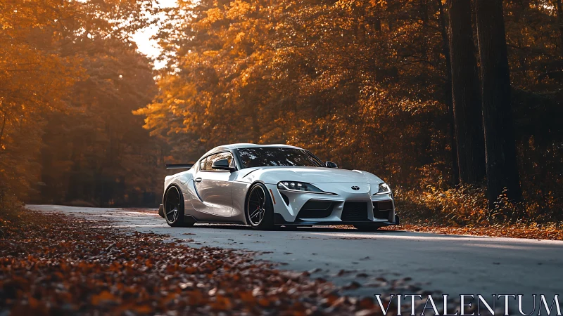 Low-slung white sports coupe contrasts autumn forest with crisp reflections