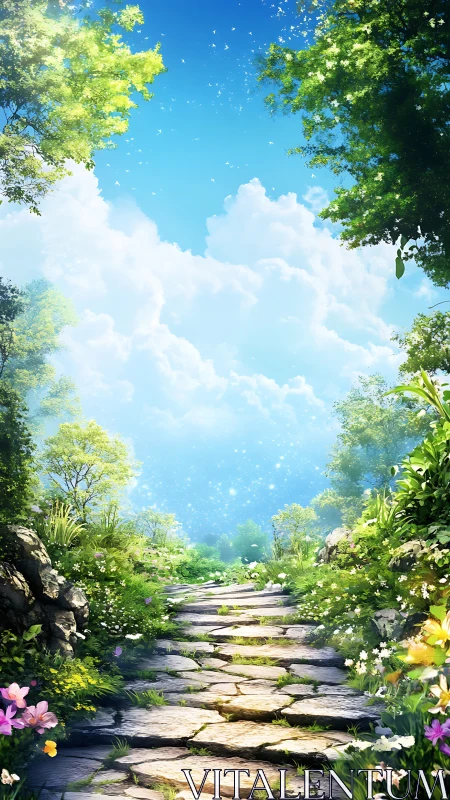 Stone path through dense flowering forest under blue sky.