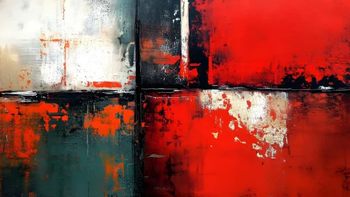 Bold abstract painting with geometric blocks and vivid red tones.