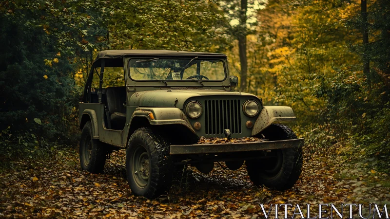Vintage military jeep stands in autumn forest under soft haze