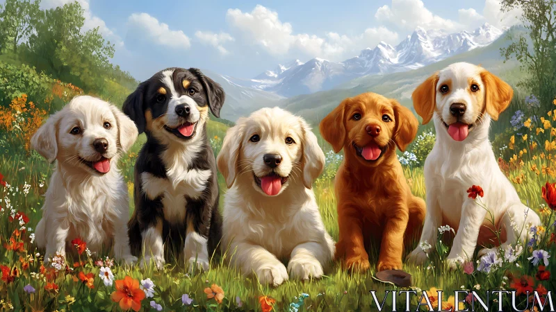 Playful puppies sharing sunshine in a blooming meadow.