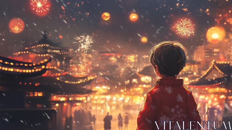 Child in red coat watches festival fireworks over lantern-lit town.