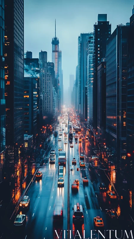 Rain-soaked city avenue glows with cozy evening traffic