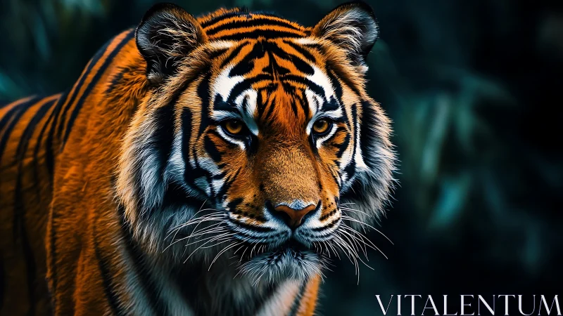 Majestic tiger portrait with intense gaze in deep forest.