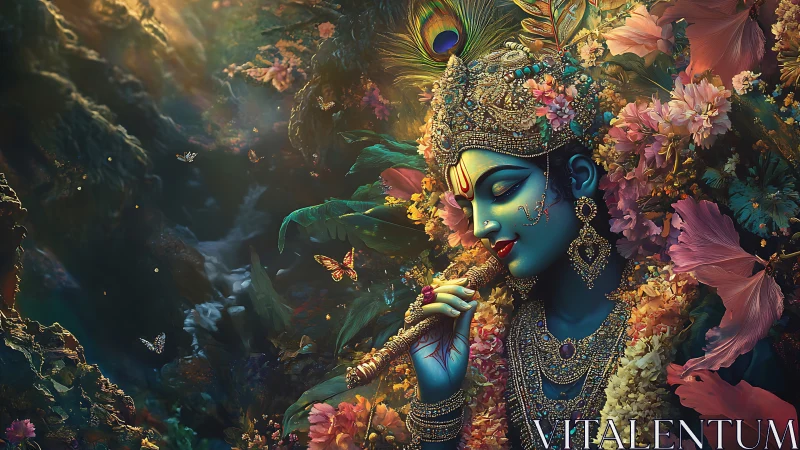 Divine blue flutist in a jeweled forest of blooming light.