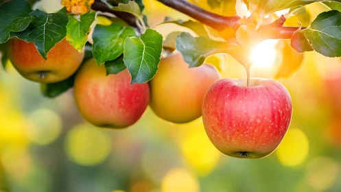 Ripe apples on tree branch under strong backlighting at sunset.