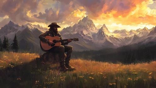 Guitarist seated in alpine meadow under glowing sunset sky.