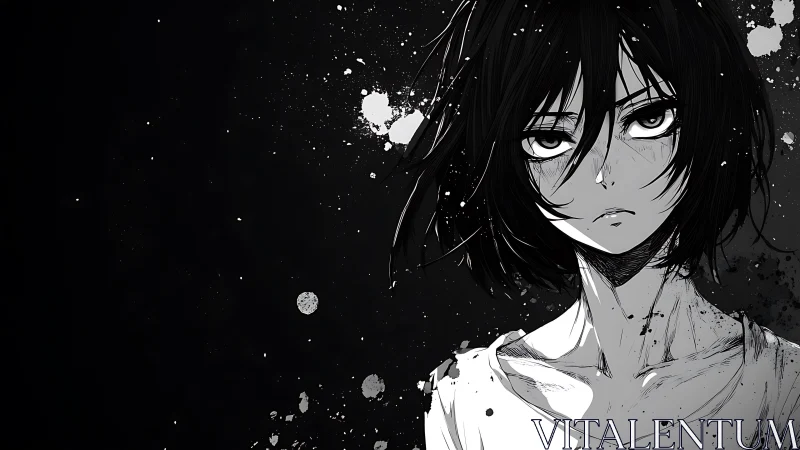 Brooding anime heroine stands in stark monochrome splatter art.