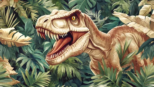 Roaring jungle dinosaur peeking through wild green leaves.