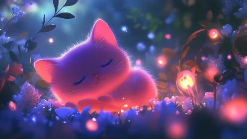 Luminescent feline figure amid glowing flora and particle effects.