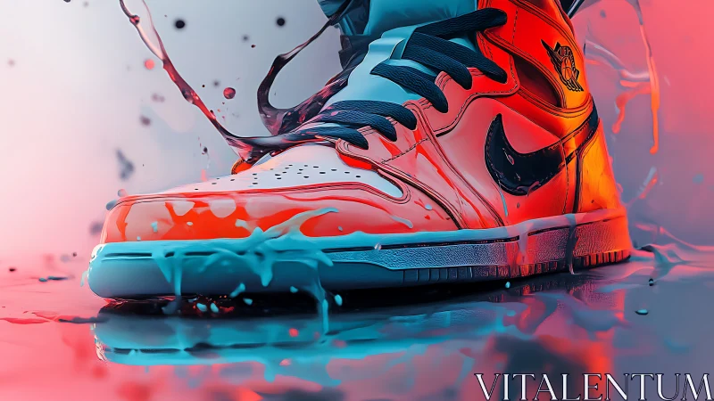 Color-drenched sneaker splashes through neon liquid surface
