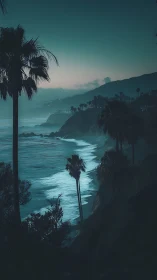 Nocturnal coastal cliffs with silhouetted palms in teal haze