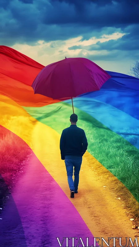 Solitary figure on prismatic path under chromatic umbrella.